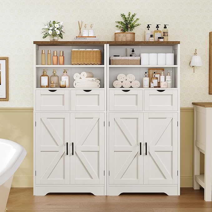 Storage Cabinet with Doors & 2 Drawers, Kitchen Cabinet with Adjustable Shelf, Pantry Cabinets, Bathroom Cabinets, for Living Room, Entryway, Home Office, White