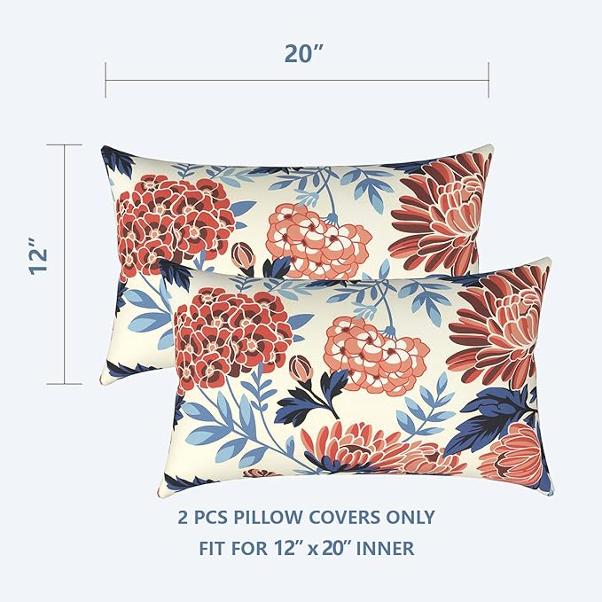 LVTXIII Set of 2 Patio Lumbar Pillow Covers ONLY, 12" x 20" Fade Resistant Outdoor Lumbar Pillow Cases, Fluffy Decorative Garden Lumbar Cushions Covers for Home Patio Coach Sofa Use, Red Chrysanthemum