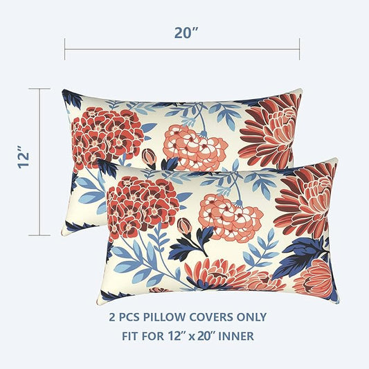 LVTXIII Set of 2 Patio Lumbar Pillow Covers ONLY, 12" x 20" Fade Resistant Outdoor Lumbar Pillow Cases, Fluffy Decorative Garden Lumbar Cushions Covers for Home Patio Coach Sofa Use, Red Chrysanthemum