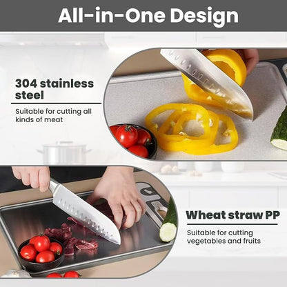 Stainless Steel Cutting Board, 14"x10" Cutting Boards for Kitchen, Dishwasher Safe, Scratch-Resistant with Juice Groove, Separate Sides for Meat and Vegetables ((Diamond Texture)