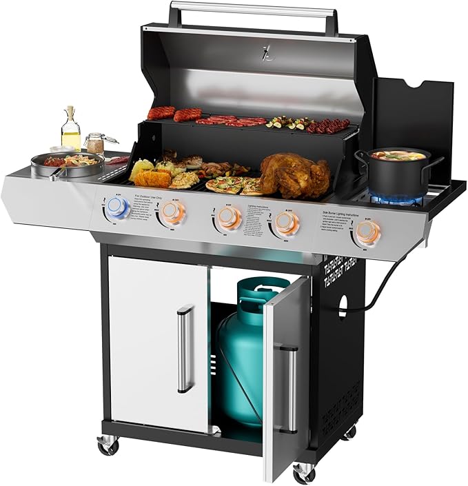 SKOK Led 4-Burner Gas BBQ Grill with Side Burner Led Knob, Barbecue Grill with Porcelain-Enameled Cast Iron Grates, 60,000 BTU Stainless Steel Propane Grill 629 Sq. In. Grilling Area