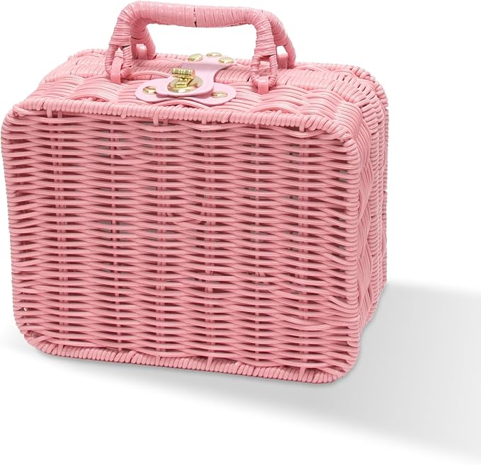 Mini Wicker Picnic Basket, Decorative Prop Suitcase Vintage Storage Hamper Makeup Organizer, 8.7" Metal Lock Rattan Storage Box with Handles for Sundries Travel Camping and Outdoor Party (Pink, Small)