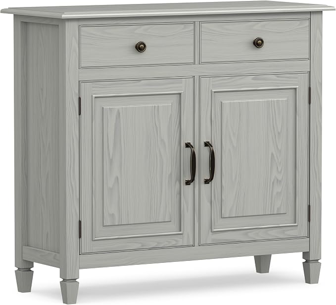 SIMPLIHOME Connaught 40" Wide Solid Wood Cabinet in Fog Grey | Traditional slim entryway and living room organizer for hats, gloves, shoes and keys with space-saving storage design.