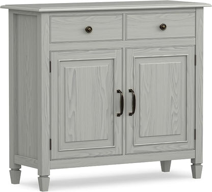 SIMPLIHOME Connaught 40" Wide Solid Wood Cabinet in Fog Grey | Traditional slim entryway and living room organizer for hats, gloves, shoes and keys with space-saving storage design.