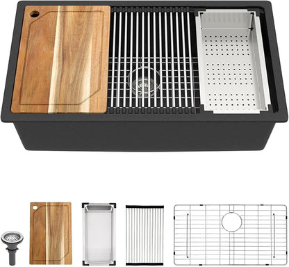32x19 Inch Granite Composite Kitchen Sink - Matte Black Undermount Workstation Classic Quartz Under Counter Single Bowl All-In One Sinks for Kitchen #TLGU-132