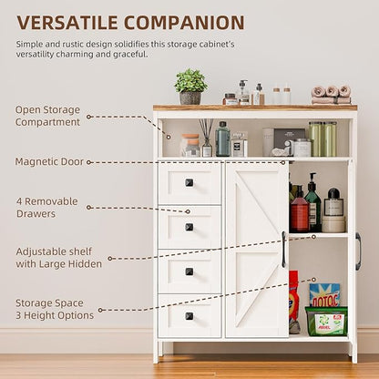 Vabches Farmhouse Storage Cabinet with 2 Doors and 4 Drawers, Freestanding Bathroom Storage Cabinets, Kitchen Pantry Cabinet, Floor Hutch Cupboard for Kitchen/Living Room/Bathroom(Unique White).