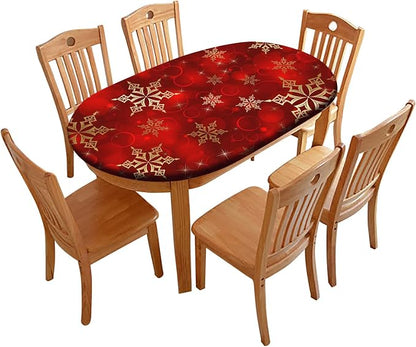 Red Christmas Oval Tablecloths, Red Golden Snowflake Christmas Print Elastic Fitted Table Cloth, Windproof Oblong Table Covers for Indoor Dinner and Outdoor Patio Decor, Fits Tables up to 52" x 70"