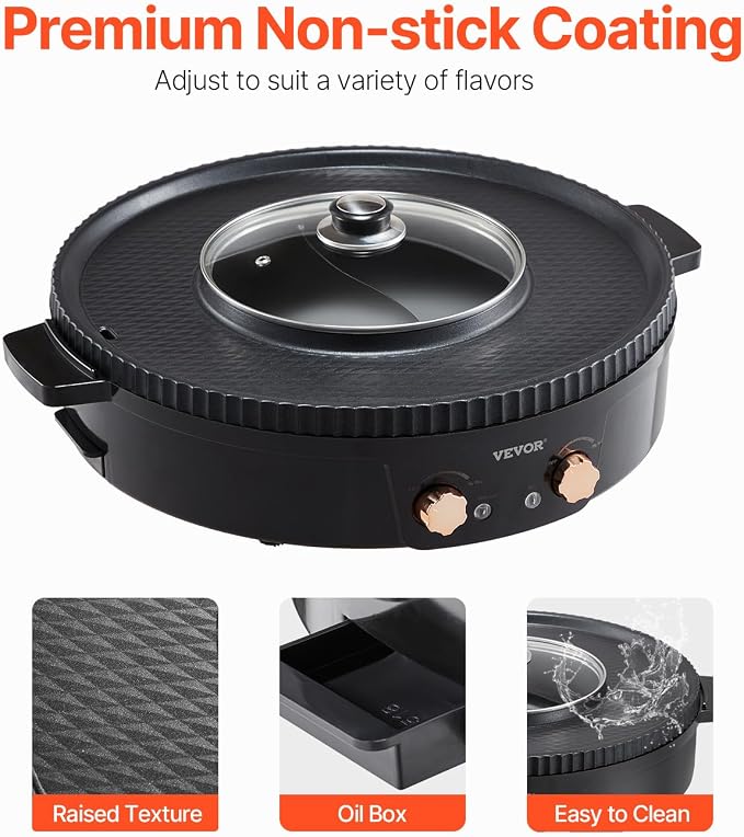 VEVOR Hot Pot with Grill, 1800W 2-in-1 Electric Smokeless Grill and Hot Pot, Korean BBQ Shabu Shabu Hotpot with Separate Dual Temperature Control, Non-stick Pan, for 2-8 People Family Dining