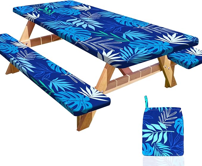 Picnic Table and Bench Cover Set, Waterproof Fitted Elastic Cloth | Portable Camping Essentials With Built-In Storage Pocket And Waterproof Fabric For Outdoor RV Or Picnic Table Use