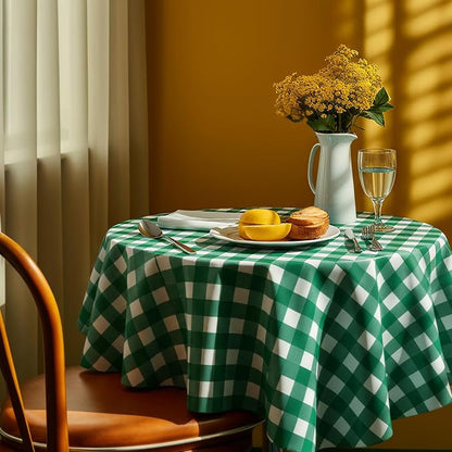 Disposable Checkered Tablecloth Round Plastic Buffalo Plaid Table Cloth 84'' Gingham Tablecover for Picnic Camping BBQ Graduation Party(Green White,3 Pieces)
