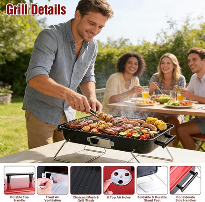 Portable Charcoal BBQ Grill, Foldable BBQ Grill with Grill Net & Lid, Easy Setup Barbecue Grill for Camping Picnic Outdoor Party Backyard (19.7x10.63x11.8in)