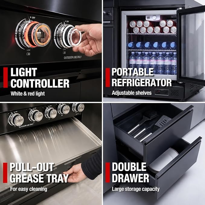 85-Inch Stainless Steel Outdoor Kitchen Grill Island, 6-Burner 72,000 BTU Propane Gas BBQ Grill with Wine Cooler Refrigerator, Rotisserie Kit, Granite Countertops, Sink, Glide Wheels, Black