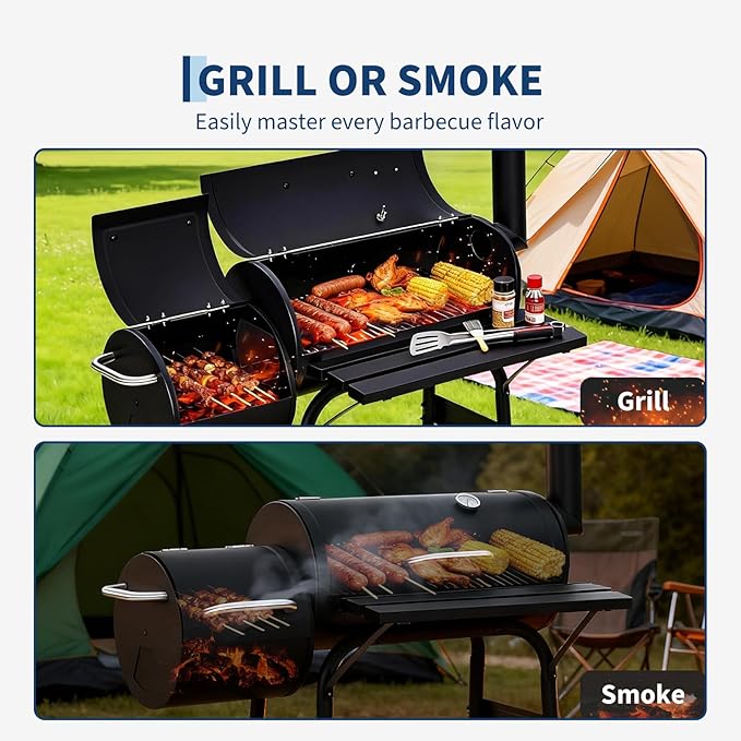 OUTLANE Charcoal Grill with Offset Smoker, 2-in-1 Barrel BBQ Grill and Smoker Combo with Storage Shelf, Built-In Thermometer, Chimney and Wheels, Outdoor Barbecue for Backyard Patio Camping, Black
