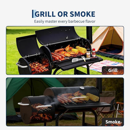 OUTLANE Charcoal Grill with Offset Smoker, 2-in-1 Barrel BBQ Grill and Smoker Combo with Storage Shelf, Built-In Thermometer, Chimney and Wheels, Outdoor Barbecue for Backyard Patio Camping, Black