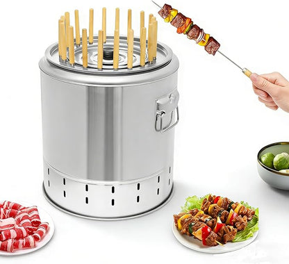 2-in-1 Charcoal Barrel Grill,Freely Switch Between the Grill Rack and Grill Mesh,20 Skewer Smokeless Portable Outdoor BBQ Grill with Stainless Steel Surround,Outdoor Cooking for Picnics Camping