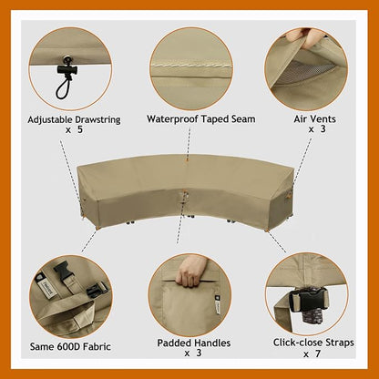 Curved Patio Furniture Cover for Outdoor Sectional Sofa, 190"(128") Reinforced Waterproof 600D Patio Sectional Couch Cover, Half Moon Lawn Outside Garden Furniture Winter Protective Cover