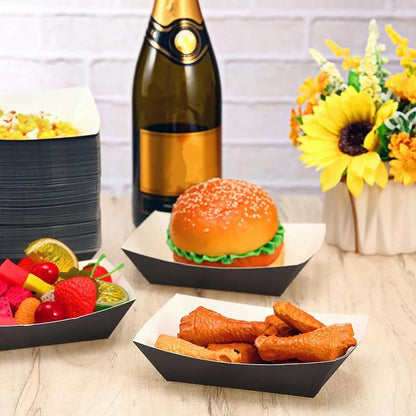 100 Pcs 2lb Paper Food Trays Boat Nacho Boats for Hot Dogs, Black | Grease-Resistant, Disposable Kraft Paper Boat for Tacos Concession, Food Trucks, Birthday, Wedding, Christmas, Halloween
