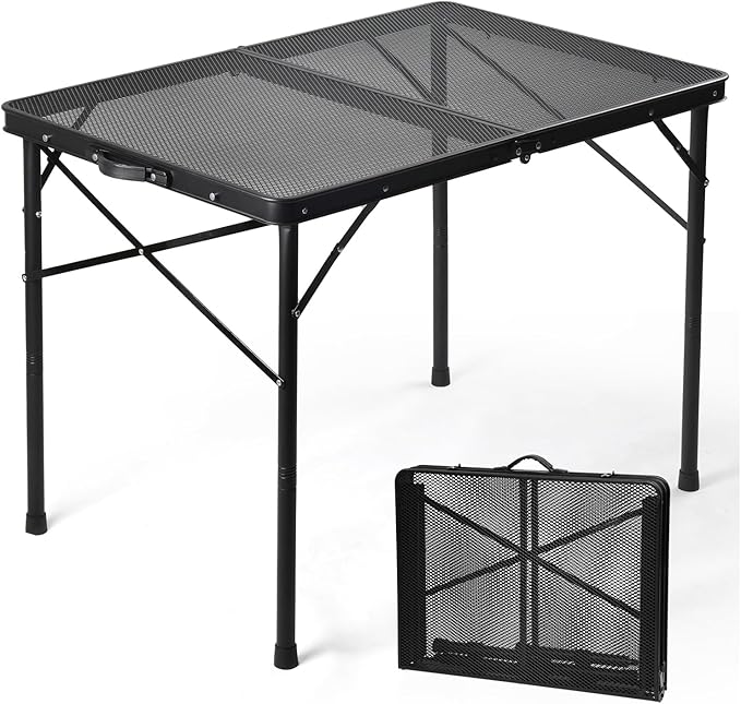 3 ft Folding Table with Adjustable Height, Camping Table with Carry Handle, Metal Mesh Table ,Portable Grill Table for Camping, Tailgating, BBQ, Picnic & Indoor, Fits 3–6 People, Supports 66 lb, Black