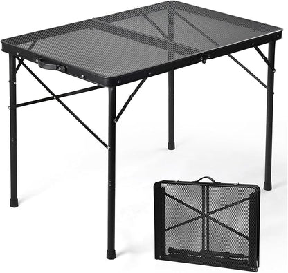 3 ft Folding Table with Adjustable Height, Camping Table with Carry Handle, Metal Mesh Table ,Portable Grill Table for Camping, Tailgating, BBQ, Picnic & Indoor, Fits 3–6 People, Supports 66 lb, Black