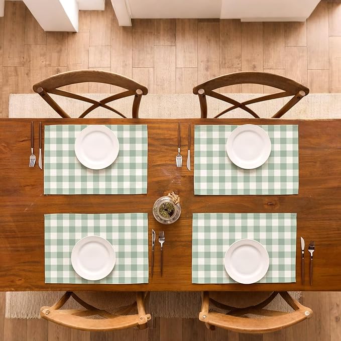 Sage Green Gingham Party Placemats Green and White Checkered Plaid Table Mats for Birthday Bridal Baby Shower Party Dining Table Decorations (12" x 18")