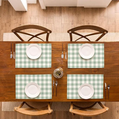 Sage Green Gingham Party Placemats Green and White Checkered Plaid Table Mats for Birthday Bridal Baby Shower Party Dining Table Decorations (12" x 18")