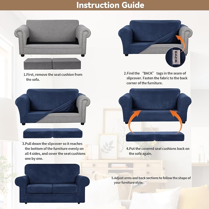 WEERRW Velvet Stretch 3 Pieces Couch Cover for Sofa Washable, Navy Blue | Love Seat Couch Covers for 2 Cushion Couch Sofa Furniture Protector slipcoves with Elastic Bottom for Kids, Medium