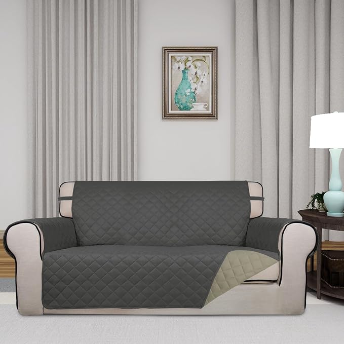 PureFit Reversible Quilted Couch Covers for Dogs Loveseat Sofa Cover 54" | Dark Gray/Beige, Water Resistant Couch Protector, Washable Pet Couch Cover with Non Slip and Elastic Straps For Kids