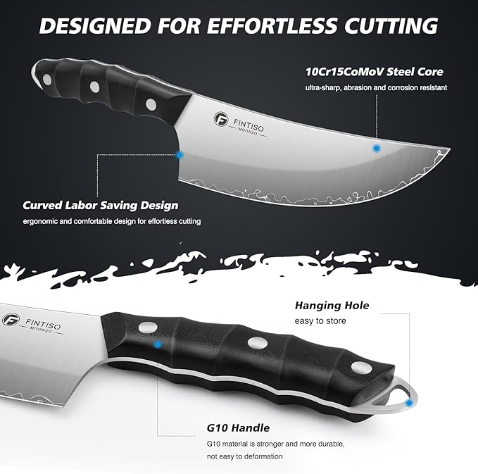 FINTISO Viking Butcher Knife, 6.9 Inch Hand Forged Meat Cleaver Knife with 5-Layer High Carbon Stainless Steel, Full Tang G10 Handle, Ideal for Kitchen, BBQ, Camping & Outdoor Cooking