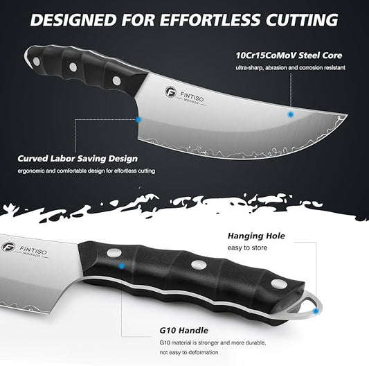 FINTISO Viking Butcher Knife, 6.9 Inch Hand Forged Meat Cleaver Knife with 5-Layer High Carbon Stainless Steel, Full Tang G10 Handle, Ideal for Kitchen, BBQ, Camping & Outdoor Cooking