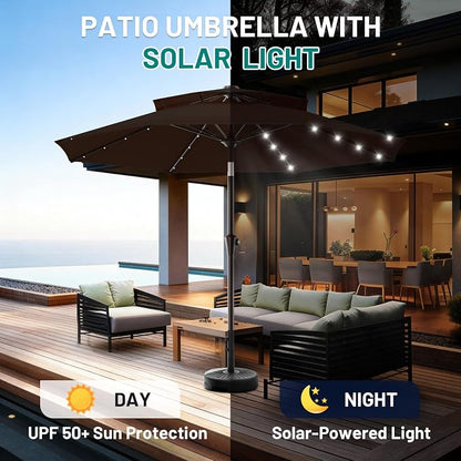 AreShark 9ft 3 Tiers Patio Umbrella with Solar Lights, Outdoor Umbrella w/ 32 LED Lights&8 Sturdy Ribs, Table Umbrella for Deck, Backyard, Pool (Dark Brown)