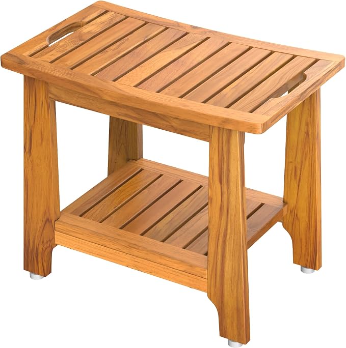 NNN 21" Standard Teak Shower Bench with Japan-Made Non-Slip Leveling Feet | US Patented Design, Marine-Grade Hardware, Pre-Oiled European Teak Oil, Ready, 300lb, for Showers Spa Sauna & Outdoor Pools