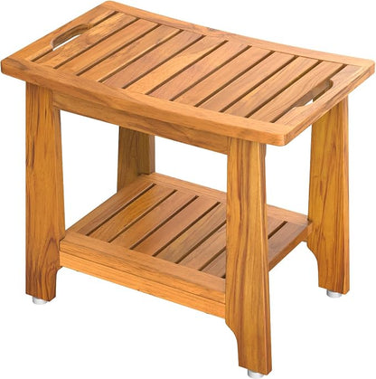 NNN 21" Standard Teak Shower Bench with Japan-Made Non-Slip Leveling Feet | US Patented Design, Marine-Grade Hardware, Pre-Oiled European Teak Oil, Ready, 300lb, for Showers Spa Sauna & Outdoor Pools