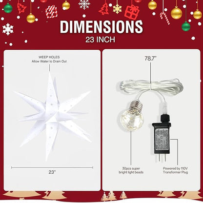 23" Plug-in Moravian Star Outdoor Light with Timer, Warm White 3D PVC Christmas Star IP44 Waterproof Hanging Decoration for Porch, Garden, Wedding, Indoor Holiday Display