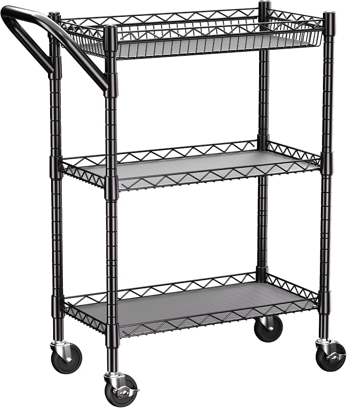 3 Tier Heavy Duty Rolling Utility Cart,18" D x 23.8" W x 36.6" H Rolling Carts with Wheels,Commercial Grade Metal with Handle Bar & Shelf Liner,Trolley Serving Storage Cart for Kitchen Black