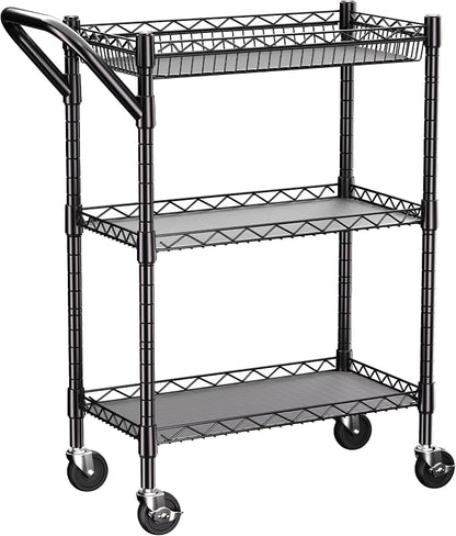 3 Tier Heavy Duty Rolling Utility Cart,18" D x 23.8" W x 36.6" H Rolling Carts with Wheels,Commercial Grade Metal with Handle Bar & Shelf Liner,Trolley Serving Storage Cart for Kitchen Black