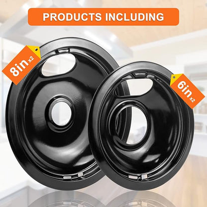 Stove Burner Covers W10288051 Burner Drip Pans -2 Packs 6” W10290353 Black Porcelain Burner Pans and 8" W10290350 Stove Top Covers for Electric Stove by Sikawai