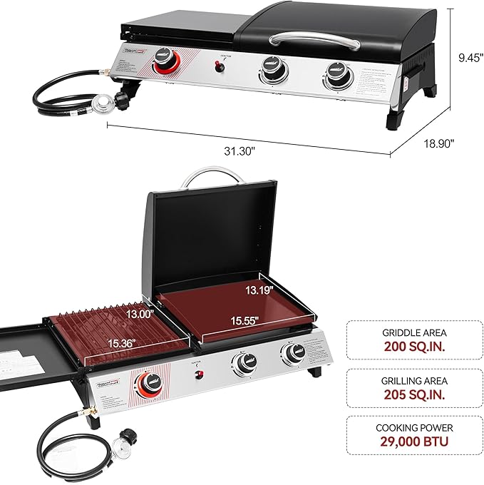 3-Burner Portable Propane Gas Griddle with Side Burner, 3-in-1 Grill and Griddle Combo with Lid, Outdoor Cooking, 29,000 BTU, Silver, PD1305H-SC