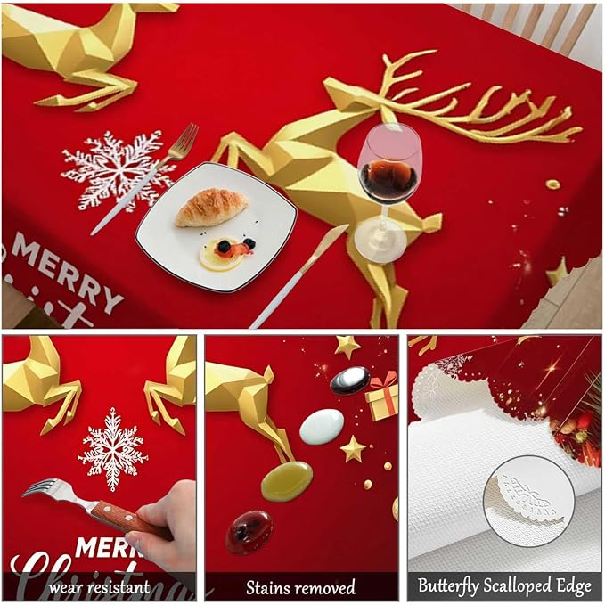 Swono Merry Christmas Table Cover Gold Christmas Deer Snowflakes 50x72 Inch Table Cloth for Rectangle Tables Buffet Parties Coffee BBQ and Dinning Tablecloth, Red