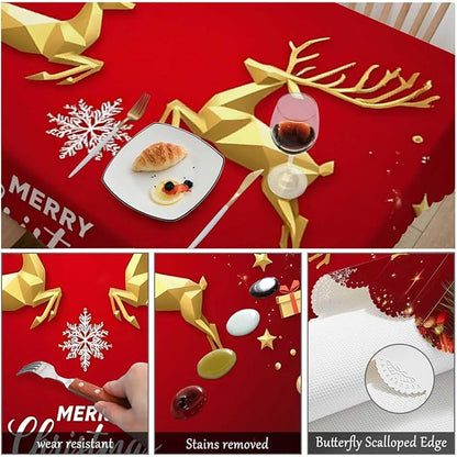 Swono Merry Christmas Table Cover Gold Christmas Deer Snowflakes 50x72 Inch Table Cloth for Rectangle Tables Buffet Parties Coffee BBQ and Dinning Tablecloth, Red