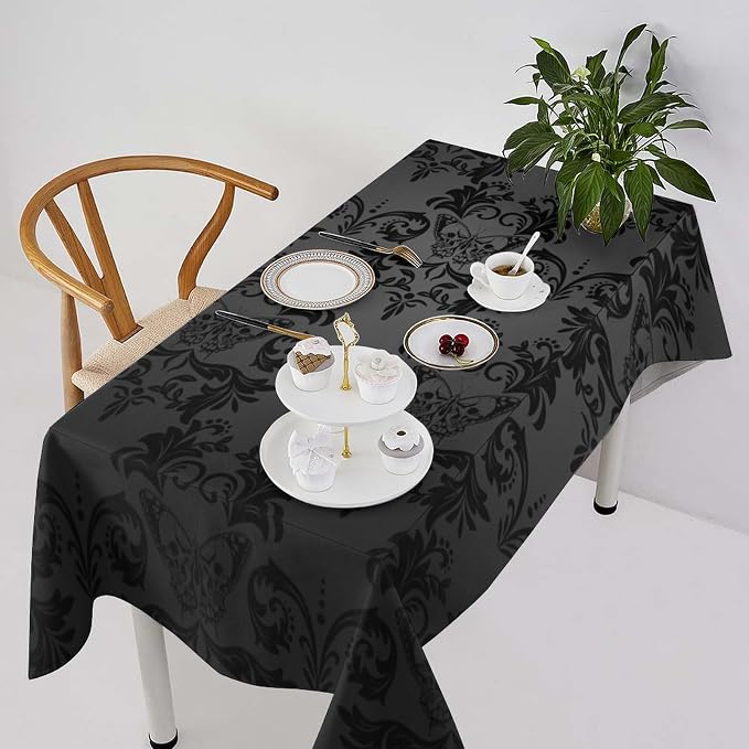 Gothic Black Damask Tablecloth, Vintage Floral Exotic Butterfly Suger Skull Bohemian Antique Table Cloth Water Resistant Table Cover for Farmhouse Party Holiday Kitchen Dinner Table 55x75"