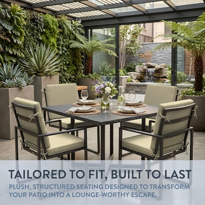 California Umbrella Outdoor Dining Chair, Set of 4 Patio Seat Cushions, 20 x 40 Inch, Premium Outdoor Memory Foam, Fade Resistant, Sunbrella Fabric, Fabric Ties, Antique Beige