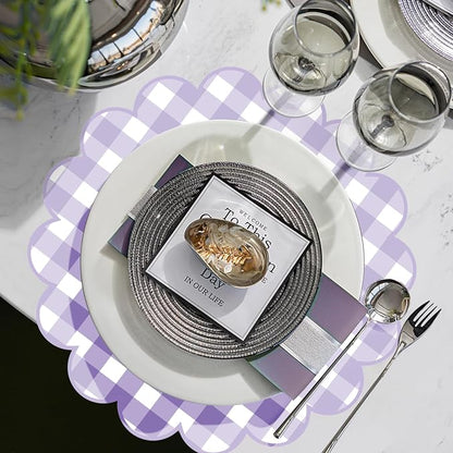 100 Pcs Checkered Paper Placemats Purple Gingham Place Mats 13.5 Inch Disposable Round Decorative Dining Table Mat with Scalloped Edge Paper Cutouts Decor for Wedding Baby Shower Party Supplies