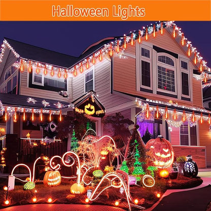 Halloween Yard Decorations: Orange Meteor Shower Lights for Outdoor Decor | 16-Tube Equivalent to 2 Sets of 8-Tube, Waterproof Orange Icicle Lights for Front Yard Halloween Fall Outdoor Decor, UL Plug