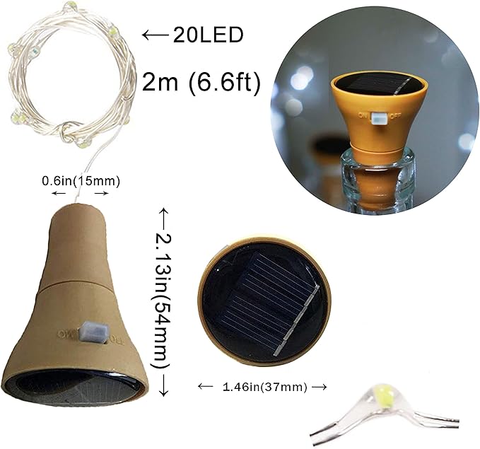 6 Pack Solar Powered Wine Bottle Lights, 20 LED Waterproof Copper Cork Solar Lights for Wedding Christmas, Outdoor, Holiday, Garden, Patio, Pathway Decor (Cool White)