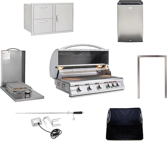 BLAZE BBQ Outdoor Package of 40” LTE Built-in Gas Grill, Dop-In Single Side Burner, 32” Door & Two Drawers Combo, Compact Refrigerator and Accessories (Grill Cover, Fridge Trim and Rotisserie Kit)