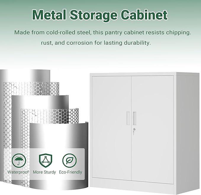 CJF Pantry Cabinet, Metal Pantry Storage Cabinets with Doors and 2 Adjustable Shelves, 36" H Locking Cabinet for Kitchen Storage, Home, Garage, Utility Room and Basement, White