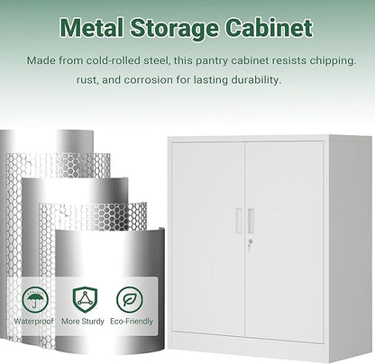 CJF Pantry Cabinet, Metal Pantry Storage Cabinets with Doors and 2 Adjustable Shelves, 36" H Locking Cabinet for Kitchen Storage, Home, Garage, Utility Room and Basement, White