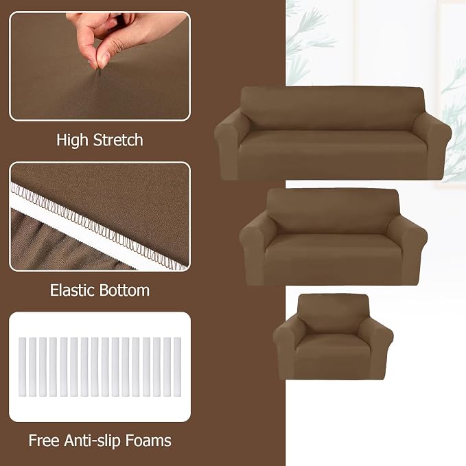 Peryiter 3 Pcs Couch and Loveseat Sofa Covers,Chocolate,Milk Silk | Armchair Covers for Living Room, Sofa Cushion Slipcover, Furniture Protector, Polyester and Spandex, Washable