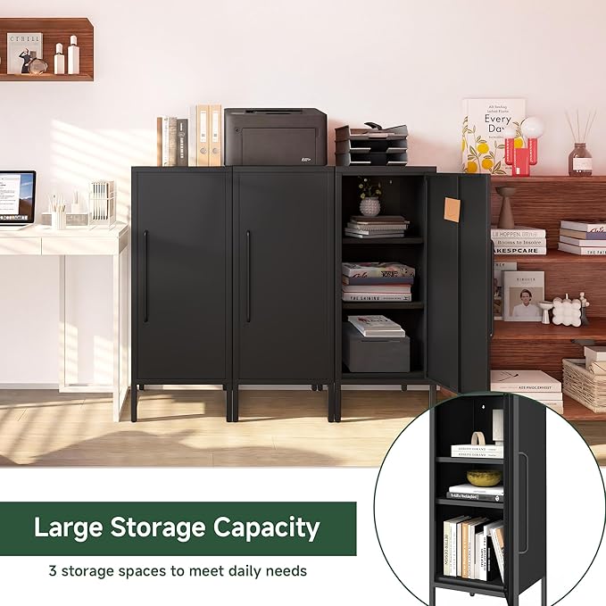 Metal Storage Cabinet with Door & 2 Adjustable Shelves 39.5” Small Storage Cabinet with Magnetic Closure for Home Office Garage Kitchen (Black)