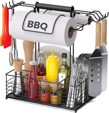 Grill Caddy for Outdoor Grill with 2 Paper Towel Holders,Barbecue Tool Sets Storage Organizer,BBQ Caddy for Outdoor Grill with 9 Compartments & 8 Hooks,Picnic Caddy Grilling Gifts for Men